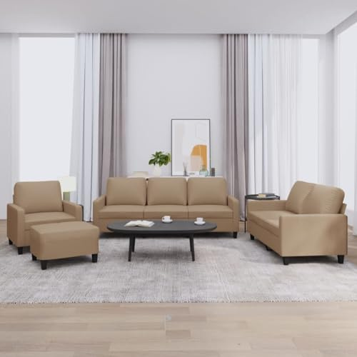 Fangmaliuyun 4-TLG. Sofagarnitur Cappuccino-Braun Kunstleder Sessel 2+3-Sitzer Sofa mit Hocker Große Couchgarnitur für Wohnzimmer und Büro