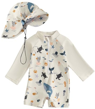 Costume Neonato Anti UV Costume Bambino Anti UV Maglietta Magliette Bambini Giubbotto di Salvataggio per Cappellino Mare Intero Protezione Solare UPF 50 Tuta Cappello da Sole Bagno Costumino 6 9 Mesi