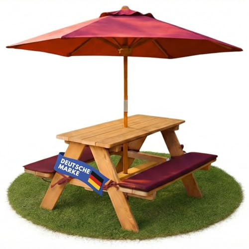 Coemo Ensemble de sièges d'extérieur Robustes pour Enfant avec 2 Coussins - Table de Pique-Nique pour Jardin et Balcon - Table de Jeu en Bois - Couleur Naturel avec Parasol, 89 x 79 x 50 cm