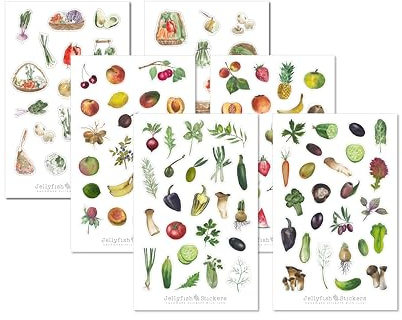 6 Stickerbögen Kochen Sticker Set - Journal Sticker, Planer Sticker, Aufkleber, Sticker Obst und Gemüse, Rezepte, Küche, Kochen, Essen und Trinken, Kochbuch, Ernährung