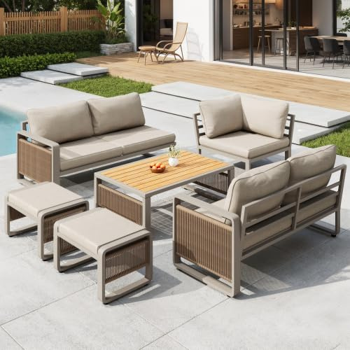 Merax Garden Lounge Chair Set for 6-7 People, Handwoven Rope Garden Sofa, Weatherproof Corner Set & Iron Lounger with Cushions, Adjustable Feet, Beige - Outdoor Furniture