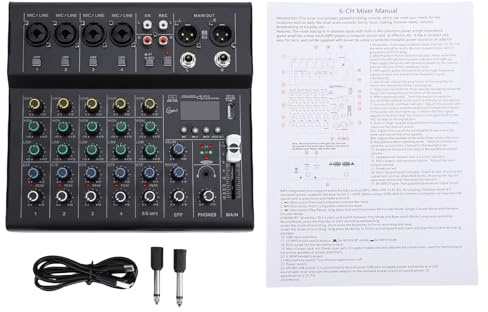 6-kanals Mini Sound Mixer DJ Controller med BT MP3-spelare 48V Phantom Power Inbyggd gitarrförstärkare Bärbar mixerkonsol för Studioinspelning Live Streaming Karaoke (Black)