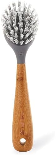 Full Circle Tenacious C Brosse à Vaisselle avec Manche en Bambou et Grattoir - Tête de brosse large et poils en Nylon pour la fonte, casseroles, éviers, pierre naturelle - 6,5 x 6 x 23,50 cm, Gris