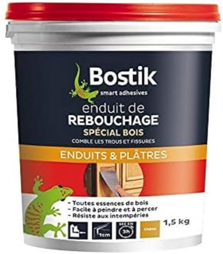Bostik enduit de rebouchage bois pâte - prêt à l’emploi - Résiste aux intempéries - Toutes essences de bois - 1.5kg