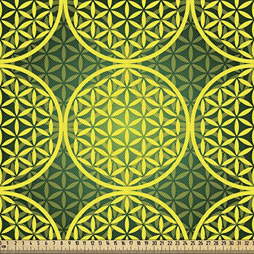 ABAKUHAUS Modern Gewebe als Meterware, Lebendige Blume des Lebens, Schön Gewebten Stoff für Polster und Wohnaccessoires, 1M (148x100cm), Jägergrün Gelb