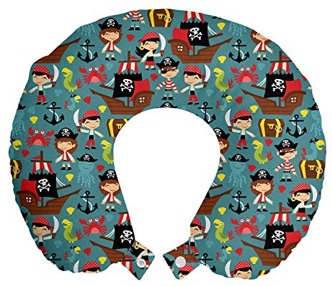 ABAKUHAUS Pirates Reisekissen Nackenstütze, Retro Kids Adventure, Schaumstoff Reiseartikel für Flugzeug und Auto, 30x30 cm, Mehrfarbig