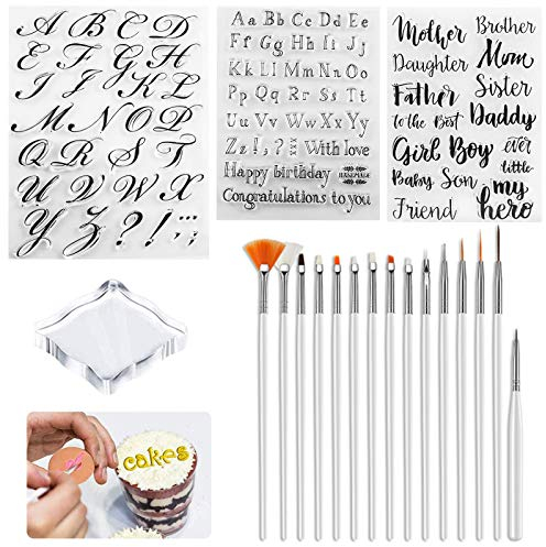 MOSNOW 19 Pcs Letter Alphabet Cake Stamp Tools with Cookie Coaster and Decorative Brushes, DIY Fondant Biscuit Stamp Moulds, Cursive Cake Letter Press Set for Home Party Birthday