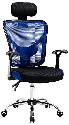 Vinsetto Chaise de Bureau Ergonomique Fauteuil pivotant avec Appui-tête Dossier inclinable Hauteur réglables en Tissu Maille 62 x 67 x 118 cm Noir et Bleu