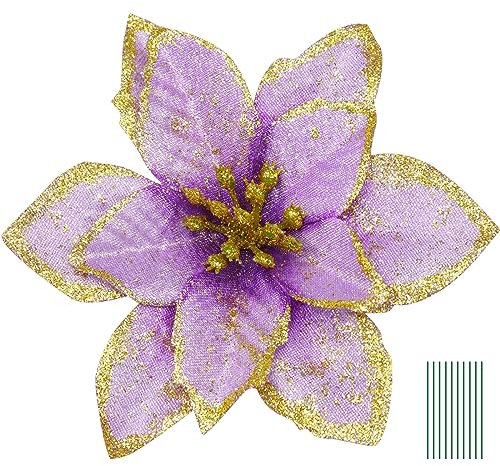 Yueshop 10 Pieces Glitter Poinsettia Christmas Flowers Artificial Flowers Wedding Glitter Christmas Tree New Year Ornaments Decor (Purple)