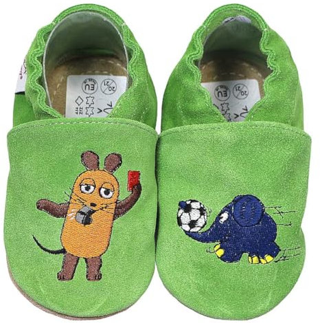 HOBEA-Germany Kitaschuhe Safestep, Kinderhausschuhe, Lederschuhe (Maus mit Elefant Fußball grün, 26/27)