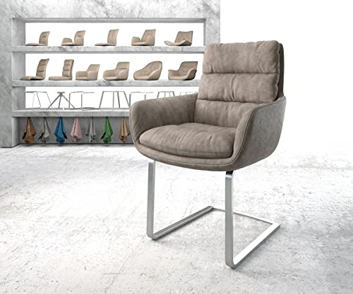Schwingstuhl Abelia-Flex mit Armlehnen Freischwinger flach Edelstahl Mikrofaser Taupe Vintage