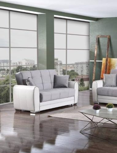Dmora Pablito, Ecksofa aus Kunstleder und Stoff, Wohnzimmer-Sofa mit Click-Klack-Öffnung und wendbarer Halbinsel, 163 x 84 x 91 cm, Weiß und Grau