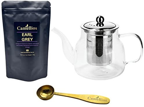 Loose Leaf Gift Set, Heat Resistant Teapot, Tea Measuring Spoon, 100g Loose Leaf Tea, Camellios (Earl Grey)