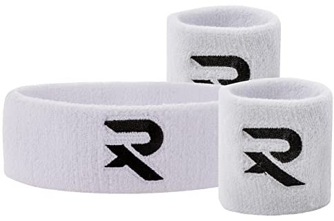 Raquex Armband & Stirnband Set - 2 x Armband, 1 Stirnband, eng anliegend, Baumwolle, Dehnbare Schweißbänder für Sport (weiß)