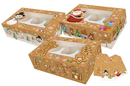 Baked with Love With Love Christmas Cupcake Boxes & Gift Tag Set, 3 Pack, 6/12 Festive To Carry Tasty Treats, Includes Dual Insert For 6 Standard Cupcakes or 12 Mini