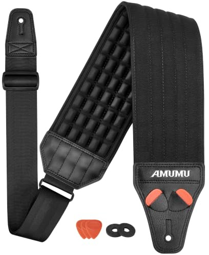 'Amumu AIRAFT Bass & Guitar Strap 4'' Ultra Wide - 0.7'' Thick Breathable Convex 3D Air Cell Cushions - Neoprene Padding - Black'