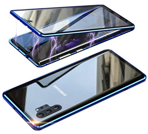WEYNRBOX Galaxy Note 10 Plus Case,Samsung Note 10+ 5G Magnetic Adsorption Double-sided Tempered Glass Case, Front and Back Full Cover 360 Degree Shockproof Metal Bumper Phone Case, Clear Blue