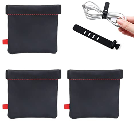 3 Aufbewahrungstaschen + 1 weiches Gummiband, Schutztasche für Kopfhörer, selbstschließende tragbare Aufbewahrungstasche mit hochelastischem Stahlgurt, geeignet für Kopfhörer, Datenkabel (Schwarz)