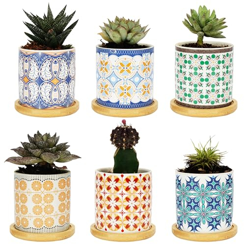 BELLE VOUS Vasetti per Piantine - 6x Vasi per Piante Grasse in Ceramica 7,5 cm - Vasi con Sottovasi in Bambù e Fori di Drenaggio - Vaso Cactus Fiori - Decorazione Casa Ufficio