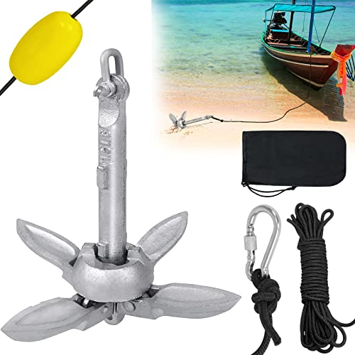 XMTECH Faltbare Bootsanker Faltanker Klappanker aus Verzinkter Stahl 0,7KG Faltklappanker Boot Anker Ankerset mit 10M Ankerschleppseil für Boot, Schlauchboot, SUP Boards, Kajaks