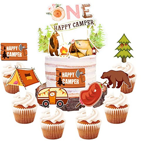 LaVenty 25 PCS One Happy Camper Cake Topper Camping Party Cupcake Toppers Camping Party Supplies Happy Camping Party Favors