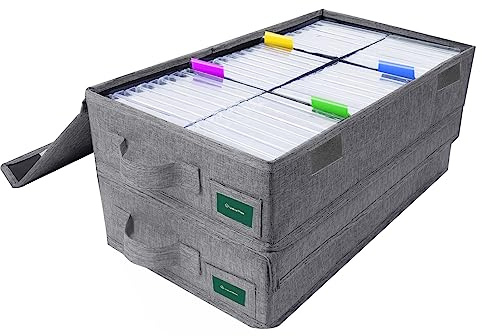 T WaveTree Aufbewahrungsbox für Kassettenband, 2 Stück, praktischer Kassettenhalter, 41 x 24 x 8 cm, Kassettenregal mit Deckel und Index-Etiketten zur Aufbewahrung von 96 Kassettenhüllen, Grau