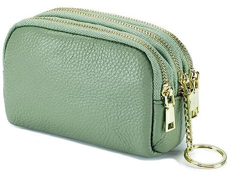 AprinCtempsD Porte-Monnaie Petit en Cuir Véritable Portefeuille Mini Zippé Porte-Cartes avec 3 Zips pour Femme Fille (Vert Clair)