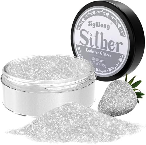 Essbarer Glitzer für Getränke, 15g Silber Glitzer Essbar für Torten, Essbarer Glitzer für Cocktail, Lebensmittelfarb Pulver Farbe für Cocktail Dekoration, Getränke, Cupcakes, Fondant–Silber