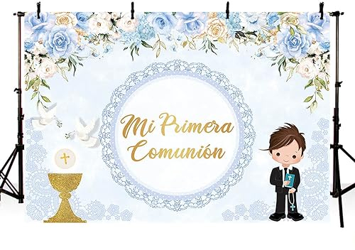 AIBIIN Toile de fond Mi Primera de 2,1 x 1,5 m pour garçons avec inscription « God Bless First Holy Communion » pour photographie de fond calice colombes bleues en dentelle florale décoration de fête