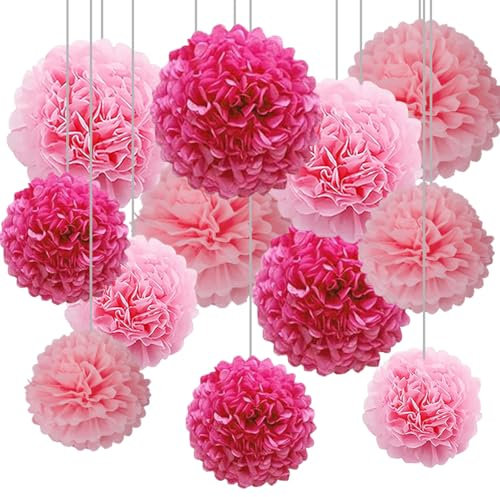 CC wonderland zone Lot de 12 Pompons Papier de Soie Rose pour Décoration Suspendre de Plafond de Fête(Rose Chaud, Rose et Rose Clair)