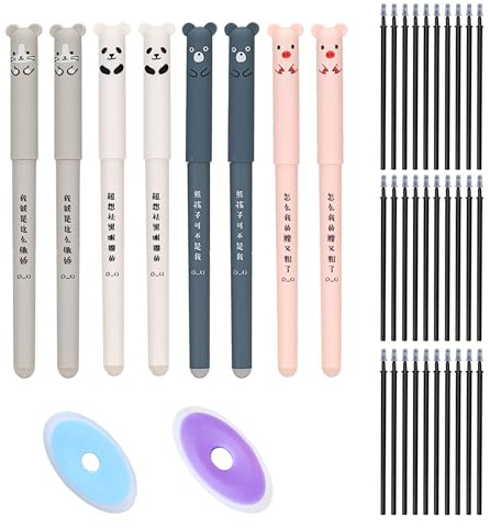 YHUIKXIN Radierbarer Kugelschreiber, 8 Stück Tintenroller Radierbar 0.35mm Cartoon Löschbarer Stift mit 30 Nachfüllungen und 2 Radiergummis Gelstiften für Kinder Studenten Schule Büro (Schwarz)