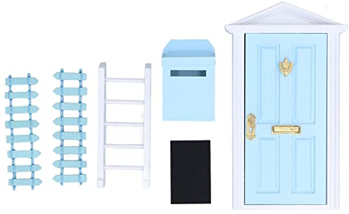 Tanant Puppenhaus Im Freien, Miniaturszene, Bunte Turmspitze, Tür, Leiter, Zaun, Briefkasten, Fußmatte, Mini-Holztür-Set, Exquisite Verarbeitung, Holzzahnfee-Tür für Puppenhaus (Blau)