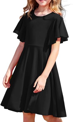 Arshiner Dress Girls Short Sleeve Summer Dresses Cotton Children's A-Line Party Swing Dresses Back to School Casual Dress Black Children Clothing with Pocket 150 Age 11-12
