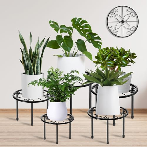 MEEYUU 5 Pack Metal Plant Stands, Heavy Duty Flower Pot Stands for Multiple Plant Rack Holder, Anti-Rust Metal Round Stand for Room Indoor and Outdoor Courtyard, Gardens