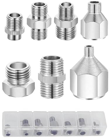 MAGICROSE 7-Piece Airbrush Adapter Set, Multi-Size Fitting Connector Kit (1/8, 1/4, M5 Threads), Assorted Metal Male & Female Converter Couplings for Air Compressor & Hose