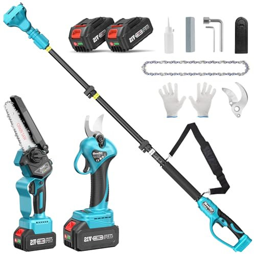SEESII P6 Combo 6 Pollici Motosega a Batteria Telescopica & 33 mm Forbici Potatura a Batteria, 4-in-1 Kit Motosega e Forbici con 2 * 4000 mAh Batterie, Portata Massima Fino a 4,57 m
