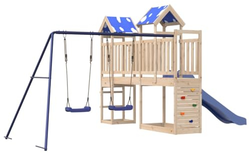 vidaXL Spielturm, Klettergerüst mit Brücke Schaukeln Kletterwand Rutsche, Kinder Kletterturm Spiel-Zubehör für Garten, Holz Spielplatz Spielhaus, Massivholz Kiefer