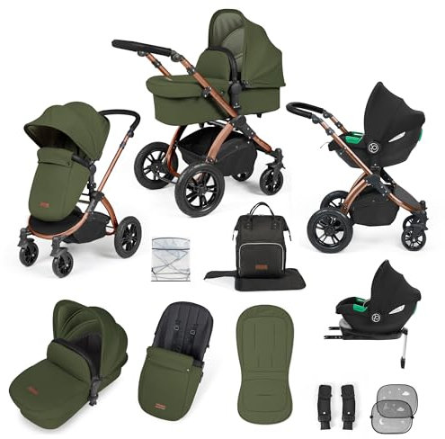 Ickle Bubba Stomp Luxe 12pc Travel System with i-Size Cirrus Car Seat & ISOFIX Base – All-Terrain Pram, Reversible Seat, Carrycot, UPF 50+ Hood, Rain Cover & Accessories (Bronze/Woodland/Black)