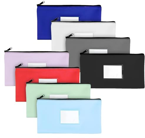 Geldtasche mit Reißverschluss, 27,9 x 15,2 cm, Geldtasche mit transparentem Fensteretikett, 8 Farben, Geldtasche mit Reißverschluss für Bargeld, Münzen, Rechnungen, Kosmetik, Schreibwaren (8 Stück)
