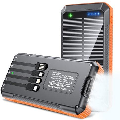 Batterie Externe 20000mAh avec câble intégré, USB C Chargeur Solaire 22.5W PD 3.0 Charge Rapide, 6 Sorties 4 Entrées avec LED Lampe de Poche Power Bank Compatible avec iPhone Samsung etc (Orange)