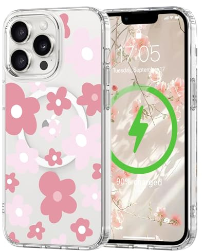 L-FADNUT for iPhone 14 Pro Floral Case Compatible with Magsafe for Girl | Magnetic Cute Flower Pattern Design Phone Case, Slim Clear Wildflower Bumper Shockproof Protective Silicone Cover, Pink