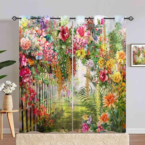 ANHOPE Aquarell Bunte Florale Blume Verdunklungsvorhänge mit Ösen Blickdichte Gardinen Thermo Vorhänge Blackout Curtain Kinder Mädchen Wohnzimmer Schlafzimmer Vorhang 2er Set H 220 x B 140 cm
