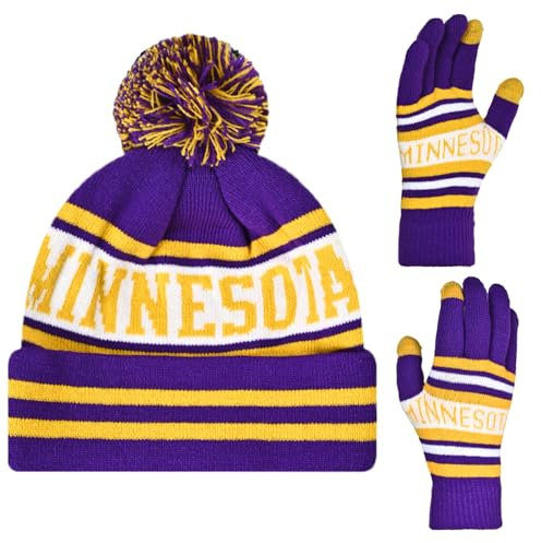 Klassische Vintage-Schädelmütze, Beanie-Mütze, Wintermütze, Strickmütze mit warmen Handschuhen, Geschenke für Männer und Frauen Fans, Minnesota V, M-L