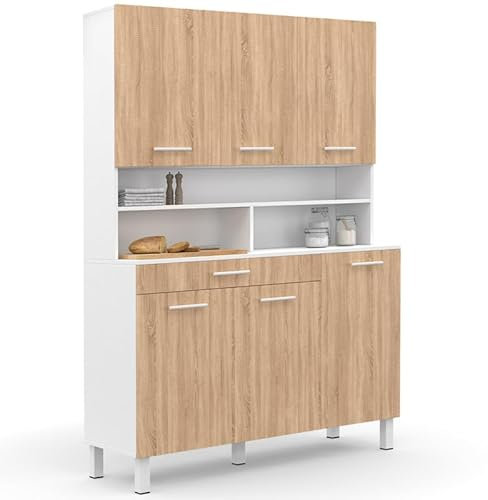 IDMarket - Buffet de cuisine 120 CM CINA 6 portes + tiroir blanc et façon hêtre