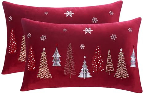 Tosleo 2 Stück Kissenbezug Weihnachten 40x66 cm Dekokissen Samt Kissenhülle Rot Weihnachtsbaum Kissenbezüge für Sofa Wohnzimmer Schlafzimmer Festival Party