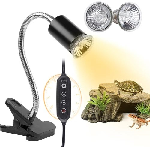 REPTI HOME Tortoise Heat Lamp Basking Spot, Reptile UVA UVB Lamp with Clamp Stand(Cycle Timer), 360°Rotatable Turtle UVB Heat Bulb 25W & 50W for Lizard, Snake, Chameleon, Beared Dragon