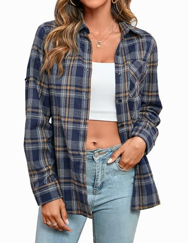 Stamain Chemise Flanelle Femme Casual Chemise a Carreaux Bleu Manches Longues Décontractée Chemises Coton Cowboy Boutonnées L