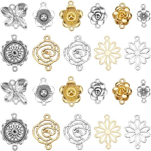 SUNNYCLUE 1 Box 66Pcs 11 Styles Silver Flower Connector Charms Flowers Link Gold Bulk Alloy Metal Tibetan Vintage Rose Floral Charm for Jewellery Making Charms DIY Necklace Bracelet Earring Crafting