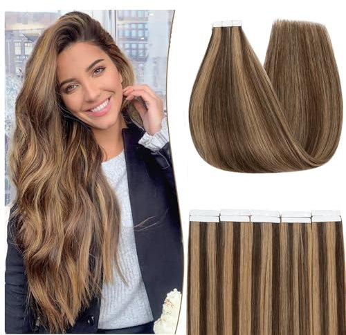 S-noilite Tape Extensions Echthaar 10pcs Extensions Echthaar Mittelbraun/Dunkelblond Tape In Extensions Echthaar Invisible Haarverlängerung Tape 35cm 20g Glatt