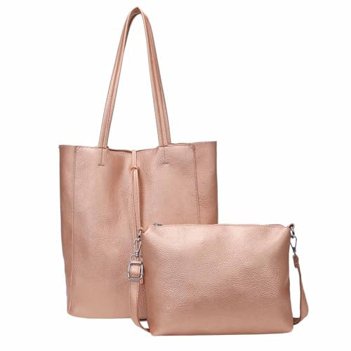 Damen Tasche Set 2in1 Shopper Handtasche Crossbody Hobo Bag Schultertasche Umhängetasche Metallic Cross-Over DIN-A4 Rosegold